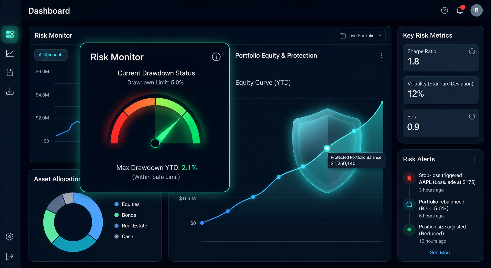 Illustrative account protection dashboard with risk management controls
