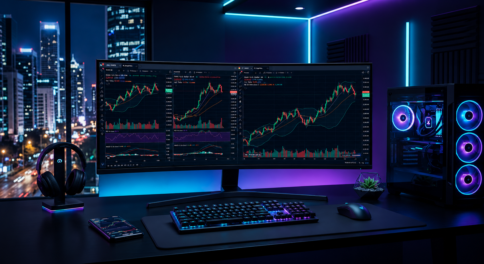 Illustrative GreatBless trading workspace with market charts